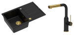 Quadron Unique Zlewozmywak granitowy jednokomorowy 78*50*22 cm z ociekaczem MORGAN 111 PURE CARBON z syfonem Push-2-Open w kolorze złotym z baterią ANGELINA  Q LINE PURE CARBON z wyciąganą wylewką kolor czarny mat/wykończenie złote-DARMOWA DOSTAWA