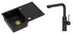 Quadron Unique Zlewozmywak granitowy jednokomorowy 78*50*22 cm z ociekaczem MORGAN 111 PURE CARBON z syfonem Push-2-Open w kolorze złotym z baterią ANGELINA  Q LINE PURE CARBON z wyciąganą wylewką kolor czarny-DARMOWA DOSTAWA