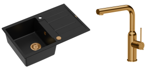 Quadron Unique Zlewozmywak granitowy jednokomorowy 78*50*22 cm z ociekaczem MORGAN 111 PURE CARBON z syfonem Push-2-Open w kolorze miedzianym z baterią  ANGELINA  Q LINE z wyciąganą wylewką kolor miedziany-DARMOWA DOSTAWA