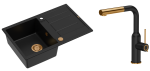 Quadron Unique Zlewozmywak granitowy jednokomorowy 78*50*22 cm z ociekaczem MORGAN 111 PURE CARBON z syfonem Push-2-Open w kolorze miedzianym z baterią  ANGELINA  Q LINE PURE CARBON z wyciąganą wylewką kolor czarny mat/wykończenie miedź - DARMOWA DOSTAWA