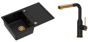 Quadron Unique Zlewozmywak granitowy jednokomorowy 78*50*22 cm z ociekaczem MORGAN 111 PURE CARBON z syfonem Push-2-Open w kolorze miedzianym z baterią  ANGELINA  Q LINE PURE CARBON z wyciąganą wylewką kolor czarny mat/wykończenie miedź - DARMOWA DOSTAWA