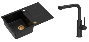 Quadron Unique Zlewozmywak granitowy jednokomorowy 78*50*22 cm z ociekaczem MORGAN 111 PURE CARBON z syfonem Push-2-Open w kolorze miedzianym z baterią  ANGELINA  Q LINE PURE CARBON z wyciąganą wylewką kolor czarny - DARMOWA DOSTAWA