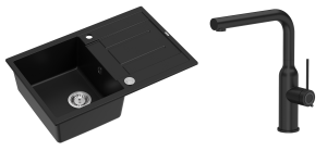 Quadron Unique Zlewozmywak granitowy jednokomorowy 78*50*22 cm z ociekaczem MORGAN 111 PURE CARBON z syfonem Push-2-Open w kolorze stalowym z baterią ANGELINA  Q LINE PURE CARBON z wyciąganą wylewką kolor czarny-DARMOWA DOSTAWA