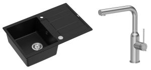 Quadron Unique Zlewozmywak granitowy jednokomorowy 78*50*22 cm z ociekaczem MORGAN 111 PURE CARBON z syfonem Push-2-Open w kolorze stalowym z baterią ANGELINA Q LINE z wyciąganą wylewką kolor stal szczotkowana-DARMOWA DOSTAWA