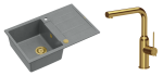 Quadron Unique Zlewozmywak granitowy jednokomorowy 78*50*22 cm z ociekaczem MORGAN 111 SILVER STONE z syfonem Push-2-Open w kolorze złotym z baterią ANGELINA Q LINE z wyciąganą wylewką kolor złoty-DARMOWA DOSTAWA