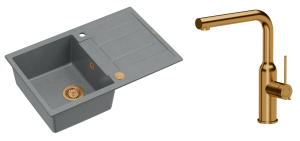 Quadron Unique Zlewozmywak granitowy jednokomorowy 78*50*22 cm z ociekaczem MORGAN 111 SILVER STONE z syfonem Push-2-Open w kolorze miedzianym z baterią ANGELINA  Q LINE z wyciąganą wylewką kolor miedziany-DARMOWA DOSTAWA