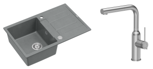 Quadron Unique  Zlewozmywak granitowy jednokomorowy 78*50*22 cm z ociekaczem MORGAN 111 SILVER STONE z syfonem Push-2-Open w kolorze stalowym z baterią ANGELINA Q LINE z wyciąganą wylewką kolor stal szczotkowana-DARMOWA DOSTAWA