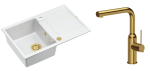 Quadron Unique Zlewozmywak granitowy jednokomorowy 78*50*22 cm z ociekaczem MORGAN 111 SNOW WHITE z syfonem Push-2-Open w kolorze złotym z baterią ANGELINA Q LINE z wyciąganą wylewką kolor złoty-DARMOWA DOSTAWA