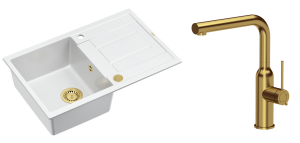 Quadron Unique Zlewozmywak granitowy jednokomorowy 78*50*22 cm z ociekaczem MORGAN 111 SNOW WHITE z syfonem Push-2-Open w kolorze złotym z baterią ANGELINA Q LINE z wyciąganą wylewką kolor złoty-DARMOWA DOSTAWA