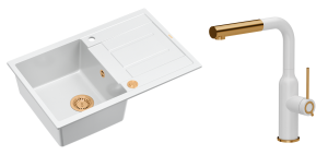 Quadron Unique Zlewozmywak granitowy jednokomorowy 78*50*22 cm z ociekaczem MORGAN 111 SNOW WHITE z syfonem Push-2-Open w kolorze miedzianym z baterią ANGELINA Q LINE SNOW WHITE z wyciąganą wylewką kolor biały mat/wykończenie miedź-DARMOWA DOSTAWA
