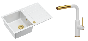 Quadron Unique Zlewozmywak granitowy jednokomorowy 78*50*22 cm z ociekaczem MORGAN 111 SNOW WHITE z syfonem Push-2-Open w kolorze złotym z baterią ANGELINA Q LINE  SNOW WHITE z wyciąganą wylewką kolor biały mat/wykończenie złote-DARMOWA DOSTAWA