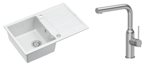 Quadron Unique Zlewozmywak granitowy jednokomorowy 78*50*22 cm z ociekaczem MORGAN 111 SNOW WHITE z syfonem Push-2-Open w kolorze stalowym z baterią ANGELINA Q LINE z wyciąganą wylewką kolor stal szczotkowana-DARMOWA DOSTAWA