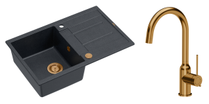Quadron Unique Zlewozmywak granitowy jednokomorowy 78*50*22 cm z ociekaczem MORGAN 111 BLACK DIAMOND z syfonem Push-2-Open w kolorze miedzianym z baterią INGRID Q LINE kolor miedziany-DARMOWA DOSTAWA