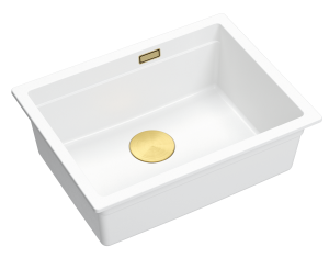 Quadron Unique Zlewozmywak granitowy jednokomorowy podwieszany 56*45*21,5 cm LOGAN 100 SNOW WHITE z syfonem save space w kolorze złotym-DARMOWA DOSTAWA