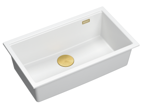 Quadron Unique Zlewozmywak granitowy jednokomorowy wpuszczany 76*45*23,5 cm LOGAN 110 SNOW WHITE z syfonem save space w kolorze złotym-DARMOWA DOSTAWA