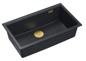 Quadron Unique Zlewozmywak granitowy jednokomorowy podwieszany 76*45*23,5 cm LOGAN 110 BLACK DIAMOND z syfonem save space w kolorze złotym-DARMOWA DOSTAWA