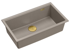 Quadron Unique Zlewozmywak granitowy jednokomorowy wpuszczany 76*45*23,5 cm LOGAN 110 SOFT TAUPE z syfonem save space w kolorze złotym-DARMOWA DOSTAWA