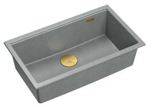Quadron Unique Zlewozmywak granitowy jednokomorowy podwieszany 76*45*23,5 cm LOGAN 110 SILVER STONE z syfonem save space w kolorze złotym-DARMOWA DOSTAWA