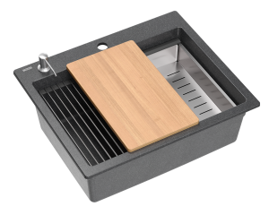 Quadron POP Zlewozmywak granitowy jednokomorowy wpuszczany 59,5*50*21,5 cm KURT 110 GRANITEQ  black dotted ze stalowym odpływem  + deska + rollmata + dozownik + wkładka ociekowa