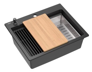 Quadron POP Zlewozmywak granitowy jednokomorowy wpuszczany 59,5*50*21,5 cm KURT 110 GRANITEQ pure carbon  z czarnym odpływem  + deska + rollmata + dozownik + wkładka ociekowa