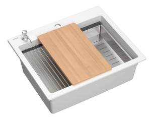 Quadron POP Zlewozmywak granitowy jednokomorowy wpuszczany 59,5*50*21,5 cm KURT 110 GRANITEQ snow white ze stalowym odpływem  + deska + rollmata + dozownik  + wkładka ociekowa