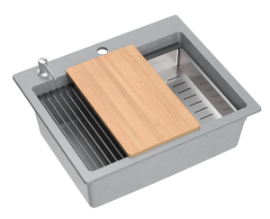 Quadron POP Zlewozmywak granitowy jednokomorowy wpuszczany 59,5*50*21,5 cm KURT 110 GRANITEQ  silver stone ze stalowym odpływem  + deska + rollmata + dozownik  + wkładka ociekowa