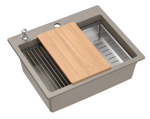 Quadron POP Zlewozmywak granitowy jednokomorowy wpuszczany 59,5*50*21,5 cm KURT 110 GRANITEQ soft taupe ze stalowym odpływem  + deska + rollmata + dozownik  + wkładka ociekowa