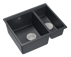 Quadron Unique Zlewozmywak granitowy półtorakomorowy podwieszany 55,5*46*22/16 cm LOGAN 150 BLACK DIAMOND z syfonem save space w kolorze stalowym-DARMOWA DOSTAWA