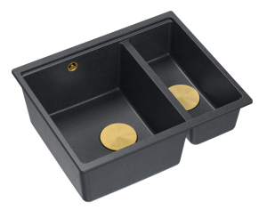 Quadron Unique Zlewozmywak granitowy półtorakomorowy wpuszczany 55,5*46*22/16 cm LOGAN 150 BLACK DIAMOND z syfonem save space w kolorze złotym-DARMOWA DOSTAWA