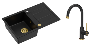 Quadron Unique Zlewozmywak granitowy jednokomorowy 78*50*22 cm z ociekaczem MORGAN 111 PURE CARBON z syfonem Push-2-Open w kolorze złotym z baterią INGRID Q LINE PURE CARBON kolor czarny /wykończenie złote-DARMOWA DOSTAWA