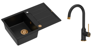 Quadron Unique Zlewozmywak granitowy jednokomorowy 78*50*22 cm z ociekaczem MORGAN 111 PURE CARBON z syfonem Push-2-Open w kolorze miedzianym z baterią  INGRID Q LINE PURE CARBON kolor czarny mat/wykończenie miedź - DARMOWA DOSTAWA