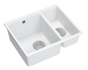 Quadron Unique Zlewozmywak granitowy półtorakomorowy wpuszczany 55,5*46*22/16 cm LOGAN 150 SNOW WHITE z syfonem save space w kolorze stalowym-DARMOWA DOSTAWA