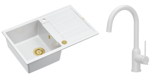 Quadron Unique Zlewozmywak granitowy jednokomorowy 78*50*22 cm z ociekaczem MORGAN 111 SNOW WHITE z syfonem Push-2-Open w kolorze złotym z baterią INGRID Q LINE SNOW WHITE kolor biały mat-DARMOWA DOSTAWA