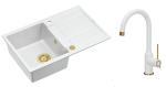 Quadron Unique Zlewozmywak granitowy jednokomorowy 78*50*22 cm z ociekaczem MORGAN 111 SNOW WHITE z syfonem Push-2-Open w kolorze złotym z baterią INGRID Q LINE SNOW WHITE kolor biały mat/wykończenie złote-DARMOWA DOSTAWA