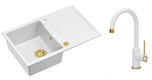 Quadron Unique Zlewozmywak granitowy jednokomorowy 78*50*22 cm z ociekaczem MORGAN 111 SNOW WHITE z syfonem Push-2-Open w kolorze złotym z baterią INGRID Q LINE SNOW WHITE kolor biały mat/wykończenie złote-DARMOWA DOSTAWA