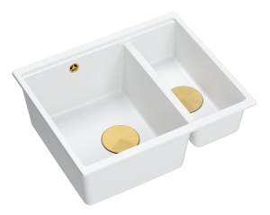 Quadron Unique Zlewozmywak granitowy półtorakomorowy wpuszczany 55,5*46*22/16 cm LOGAN 150 SNOW WHITE z syfonem save space w kolorze złotym-DARMOWA DOSTAWA