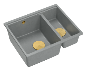 Quadron Unique Zlewozmywak granitowy półtorakomorowy podwieszany 55,5*46*22/16 cm LOGAN 150 SILVER STONE z syfonem save space w kolorze złotym-DARMOWA DOSTAWA