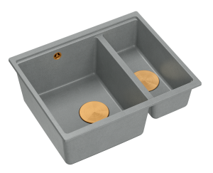 Quadron Unique Zlewozmywak granitowy półtorakomorowy wpuszczany 55,5*46*22/16 cm LOGAN 150 SILVER STONE z syfonem save space w kolorze miedzianym-DARMOWA DOSTAWA