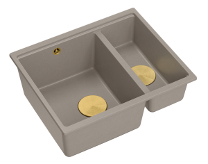 Quadron Unique Zlewozmywak granitowy półtorakomorowy wpuszczany 55,5*46*22/16 cm LOGAN 150 SOFT TAUPE z syfonem save space w kolorze złotym-DARMOWA DOSTAWA