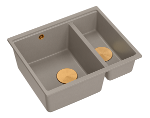 Quadron Unique Zlewozmywak granitowy półtorakomorowy wpuszczany 55,5*46*22/16 cm LOGAN 150 SOFT TAUPE z syfonem save space w kolorze miedzianym-DARMOWA DOSTAWA