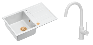 Quadron Unique Zlewozmywak granitowy jednokomorowy 78*50*22 cm z ociekaczem MORGAN 111 SNOW WHITE z syfonem Push-2-Open w kolorze miedzianym z baterią INGRID Q LINE SNOW WHITE kolor biały mat-DARMOWA DOSTAWA