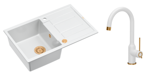 Quadron Unique Zlewozmywak granitowy jednokomorowy 78*50*22 cm z ociekaczem MORGAN 111 SNOW WHITE z syfonem Push-2-Open w kolorze miedzianym z baterią INGRID Q LINE SNOW WHITE kolor biały mat/wykończenie miedź-DARMOWA DOSTAWA