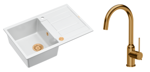 Quadron Unique Zlewozmywak granitowy jednokomorowy 78*50*22 cm z ociekaczem MORGAN 111 SNOW WHITE z syfonem Push-2-Open w kolorze miedzianym z baterią INGRID Q LINE kolor miedziany-DARMOWA DOSTAWA