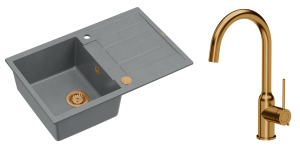 Quadron Unique Zlewozmywak granitowy jednokomorowy 78*50*22 cm z ociekaczem MORGAN 111 SILVER STONE z syfonem Push-2-Open w kolorze miedzianym z baterią INGRID Q LINE kolor miedziany-DARMOWA DOSTAWA