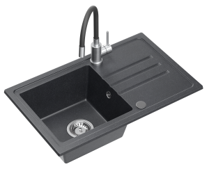 Quadron POP GRANITLOVE Zlewozmywak granitowy jednokomorowy 70*44*17,5 cm z ociekaczem BEN 111 GRANITEQ  black dotted ze stalowym odpływem z baterią MAGGIE z elastyczną wylewką  kolor czarny/stal