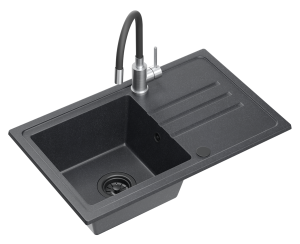 Quadron POP GRANITLOVE Zlewozmywak granitowy jednokomorowy 70*44*17,5 cm z ociekaczem BEN 111 GRANITEQ  black dotted z odpływem z tworzywa PBT pure carbon z baterią MAGGIE z elastyczną wylewką  kolor czarny/stal