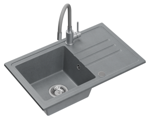 Quadron POP GRANITLOVE Zlewozmywak granitowy jednokomorowy 70*44*17,5 cm z ociekaczem BEN 111 GRANITEQ silver stone ze stalowym odpływem z baterią MAGGIE z elastyczną wylewką  kolor szary/stal