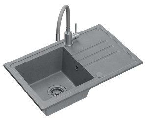 Quadron POP GRANITLOVE Zlewozmywak granitowy jednokomorowy 70*44*17,5 cm z ociekaczem BEN 111 GRANITEQ silver stone z odpływem z tworzywa PBT silver stone z baterią MAGGIE z elastyczną wylewką  kolor szary/stal