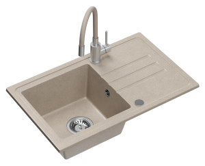 Quadron POP GRANITLOVE Zlewozmywak granitowy jednokomorowy 70*44*17,5 cm z ociekaczem BEN 111 GRANITEQ  river sand ze stalowym odpływem z baterią MAGGIE z elastyczną wylewką  kolor beżowy/stal
