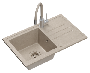 Quadron POP GRANITLOVE Zlewozmywak granitowy jednokomorowy 70*44*17,5 cm z ociekaczem BEN 111 GRANITEQ  river sand z odpływem z tworzywa PBT river sand z baterią MAGGIE z elastyczną wylewką  kolor beżowy/stal